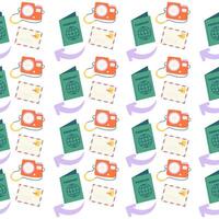 Seamless travel pattern with camera, postcard vector