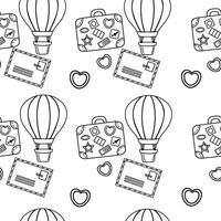 Seamless outline travel pattern with balloon, ticket, suitcase vector