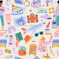 Seamless travel pattern with hand drawn elements vector