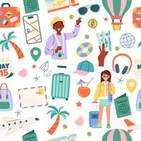 Seamless travel pattern with people and elements vector
