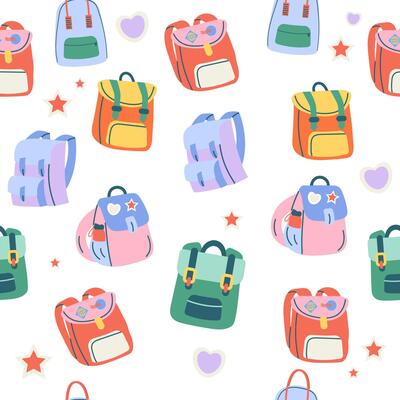 Pattern of set of backpack, briefcase, schoolbag hand drawn. School and travel