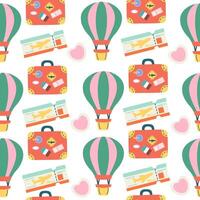 Seamless travel pattern with balloon, ticket, suitcase vector
