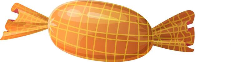 Tasty caramel candy in a bright orange wrapper with a checkered pattern. Glossy and detailed design. Isolated on white background. Perfect for confectionery designs, dessert-themed projects, and food packaging. vector
