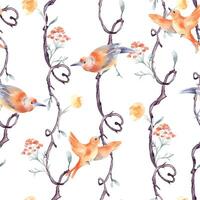 Orange birds and vertical branches of heart shape by watercolor seamless pattern isolated. Romantic repeating tree background with delicate flowers hand drawn. Avian wallpaper with floral elements vector