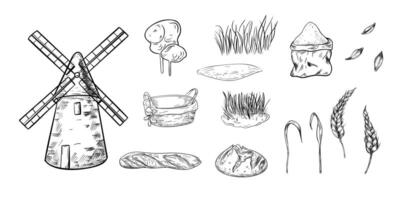 Windmill, wheat ears, empty straw basket and artisan bread hand drawn black white . Set of monochrome outline items for themes of agriculture and flour milling, baking, and organic products. vector