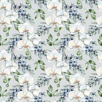 White orchids, juniper and leaves holly in pastel watercolor. Delicate floral seamless pattern isolated. Coniferous branch blue berry and flowers hand drawn for design textile. Greenery background. vector