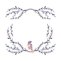 Bird pastel colors orange, purple blue and branches in watercolor frame isolated. Bluebird with floral arrangement in botanical sketch on wreath. Swallow on twig illustration hand drawn for greeting vector