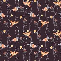 Orange birds and vertical branches of heart shape by watercolor seamless pattern isolated. Romantic repeating tree background with delicate flowers hand drawn. Avian wallpaper with floral elements vector