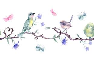 Tiny birds on tree branches heart shaped watercolor seamless border isolated. Purples and green cute birdies on liana with flowers, butterflies hand drawn repeating pattern for textile, stationary vector