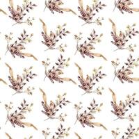 Monochrome dry herbs in sand tone hand drawn by watercolor seamless pattern. Design background with Abstract leaves on branch in maroon color. Design of textile, package, printed products. vector