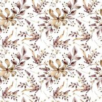Monochrome flowers with branch maroon color watercolor seamless pattern isolated. Florals dark brown color hand drawn. Leaves in sepia tones. Design of event - related stationery, textile, packaging. vector