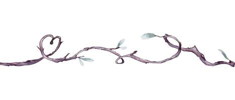 Tree branches heart shaped watercolor seamless border isolated. Intertwined liana with delicate green leaves repeating pattern hand drawn. Elements for natural designs, Valentine day, rustic wedding vector