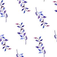 Purple leaves on branches watercolor seamless pattern isolated. Blue pink plants on repeating background. Abstract colorful twigs and leaf hand drawn. Floral elements for design textile, package vector