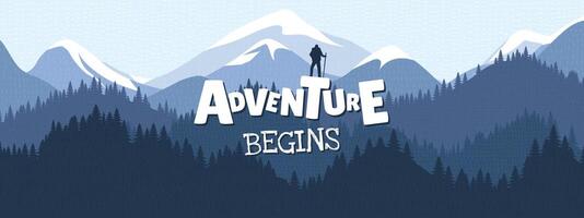 Vibrant artwork of hiker scaling towering peak. Bold typography and modern layout. Showcasing adventure, exploration and thrill of outdoor freedom in dynamic composition. Horizontal flyer vector