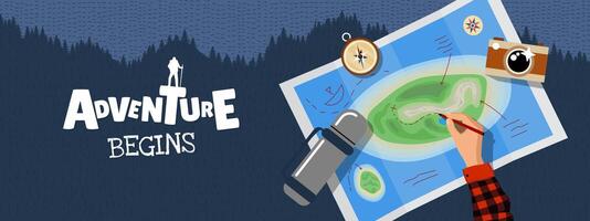 Dynamic illustration of hiker studying map against mountain backdrop. Bold typography and modern design symbolizing adventure, navigation and thrill of outdoor exploration. Horizontal banner vector