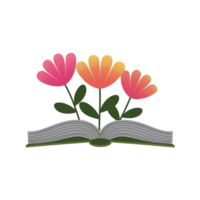 An open book serves as the base from which three vibrant flowers emerge, each petal showcasing a gradient of pink to orang cutouts png