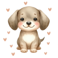 A cute, smiling cartoon puppy sits surrounded by small heart shapes cutouts png