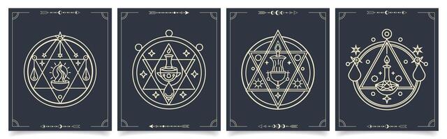 Set of posters with mystical sacred geometric symbols. Alchemy, occultism, philosophical cards. Illustration in boho style. vector