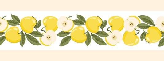 Yellow apple seamless border. Seamless pattern with apples whole and sliced. Illustration vector