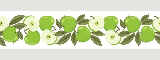Green apple seamless border. Seamless pattern with apples whole and sliced. Illustration vector