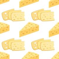 Seamless pattern with pieces of cheese on a white background. Swiss cheese background. Dairy food vector