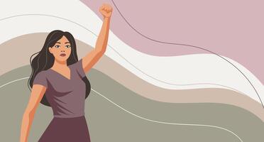 Empowered woman with raised fist on pastel background. Feminism and equality concept. Flat illustration vector