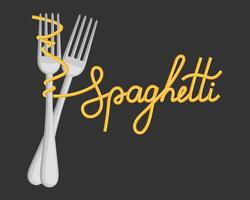 Spaghetti on fork and lettering spaghetti on dark background. Food illustration. Colorful design. vector