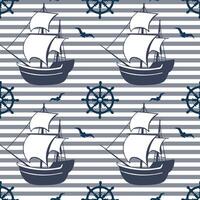Nautical seamless pattern with ships, seagulls, steering wheels on a striped background. Background, print vector
