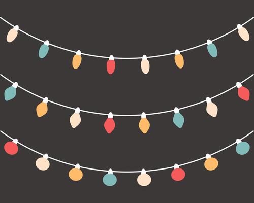 A set of festive garlands with multi-colored lamps. Icons in flat style on dark background. Illustration