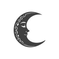 Crescent moon with face. Moon logo concept. Black and white illustration vector