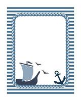 Vintage nautical frame with sea theme. Marine frame with rope, ship, anchor and seagulls. vector