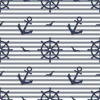 Nautical seamless pattern with anchors, seagulls, steering wheels on a striped background. Background, print vector