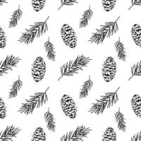 Seamless pattern of line art pine branch and cones. Ink graphic twig of conifers evergreen tree. Hand painted outline botanical illustration. Outline print for fabric, textile, wallpaper, packaging. vector