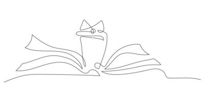 Creative line drawing of a frog sitting on an open book with whimsical style vector