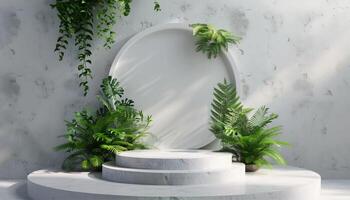 Green pedestal scene. Foliage mockup platform. Tropical showcase podium. Natural stage. Cosmetic minimalism backdrop. Empty round show display template for mock up photo