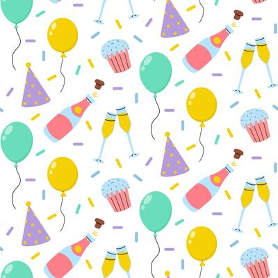 Colorful party pattern featuring balloons, cupcakes, and sparkling drinks in a festive layout
