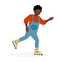 Smiling child skating on roller blades wearing colorful attire in a bright environment vector