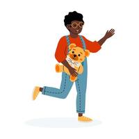 Child joyfully running with a teddy bear and waving in a playful setting vector