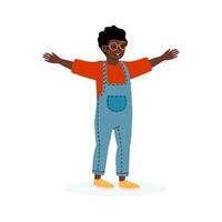 Child joyfully spreading arms in a playful pose indoors vector