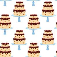 Beautifully designed cake pattern featuring tiered cakes on stands with hearts and frosting vector