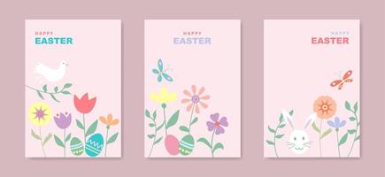 Set card of Happy Easter, Modern flat design with flowers, eggs, dove of peace and bunnies, in pastel colors style. illustration on pink background with copy space vector