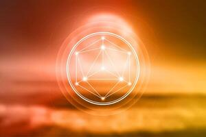 Sacred Geometry, Mystical Merkaba spiritual new age spiritual symbol with interlocking circles, triangles and glowing particles of blurry natural sunset landscape background, design vector
