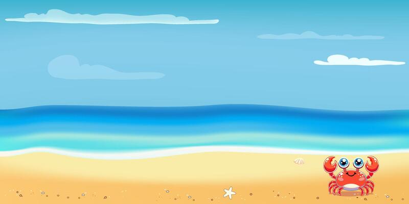 A red Crab standing on a sandy beach with ocean waves and a tropical sky. Cartoon Nature landscape. Copy Space. Summer Background. Holiday and Travel vacation.