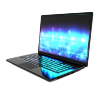 Animated laptop with glowing keyboard digital workspace modern technology futuristic design close-up view innovative concept png
