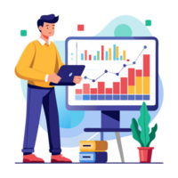 Stock market trader analyzing graphs on large screen office digital illustration modern workspace front view financial insights png