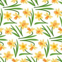 Seamless floral pattern with yellow daffodils with green leaves on a white background, symbolizing spring, renewal, and natures beauty. Spring hand drawn illustration in flat style vector