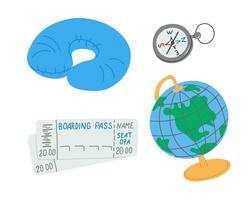 Travel set with essential items including a globe, boarding pass, neck pillow, and compass, representing adventure, exploration, and vacation planning. Hand drawn drawings isolated vector