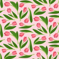 Seamless floral pattern with pink tulips and green leaves on soft pastel background, perfect for spring designs, fabric, wrapping paper, wallpapers, and feminine projects vector