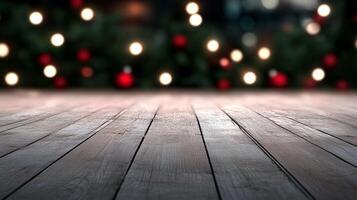Christmas lights on a wooden floor with a blurred background photo