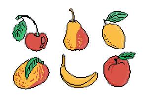 Colorful pixel art set of fruits including a cherry, pear, lemon, mango, banana, and apple, designed with a retro aesthetic and vibrant details, perfect for digital games or creative projects vector